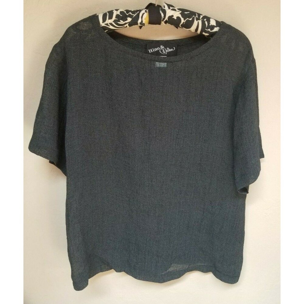 Hino & Malee Womens Small Gray Linen Blend Boat Neck Short Sleeve Top Blouse